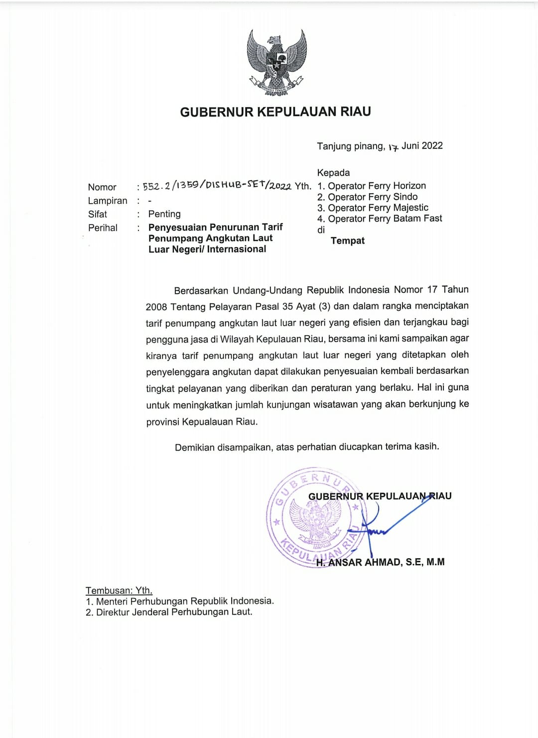 Gubernur Ansar Layangkan Surat Resmi ke Operator Ferrry, Akan Umumkan Penyesuaian Harga Dalam Waktu Dekat