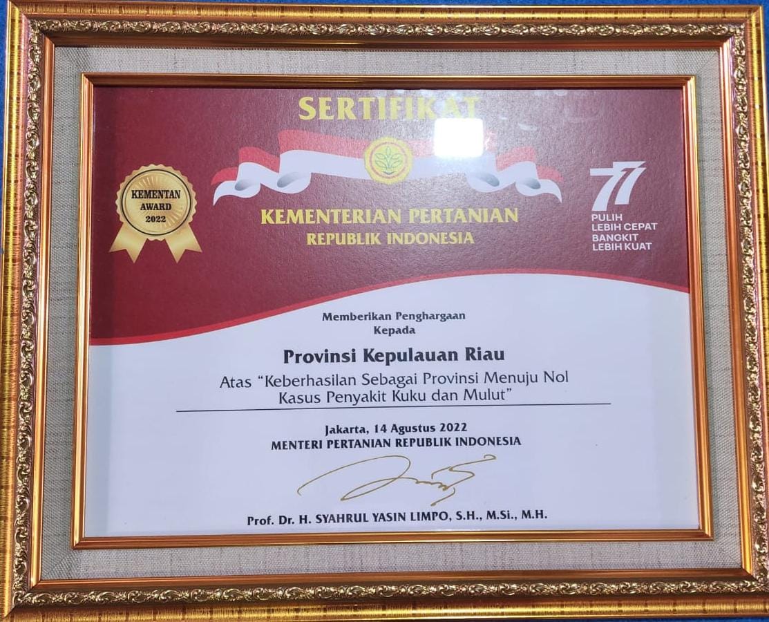 Gubernur Kepri Terima Penghargaan Bidang Pertanian 2022 Dari Kementan RI