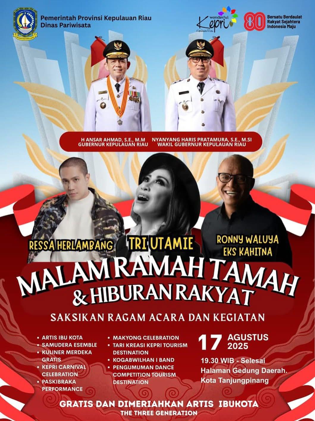 Malam Puncak Peringatan HUT ke 80  RI di Kepri Dimeriahkan The Three Generation dan Pembagian 7000 Kupon Makan Gratis